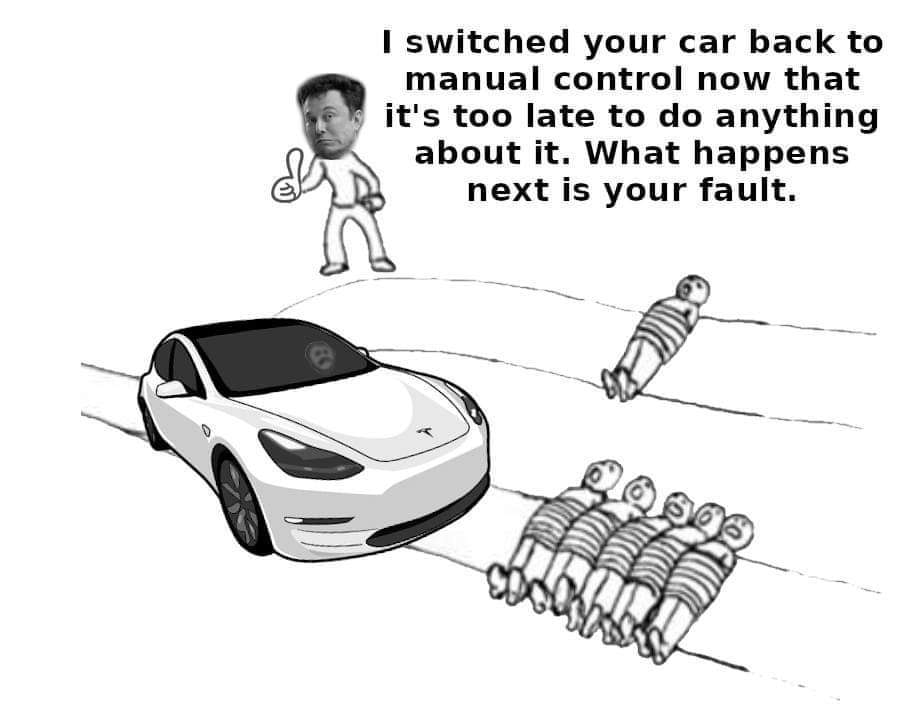 The meme is a humorous illustration of a person trying to control a car's navigation system, but the system keeps asking for clarification on their destination. The image shows a person standing on the road, with a car in the background, and a group of people in the distance, all looking confused. The text above the car reads: "I switched your car back to manual control. Now that it's late, it's too late to do anything about it. What happens next is your fault."
